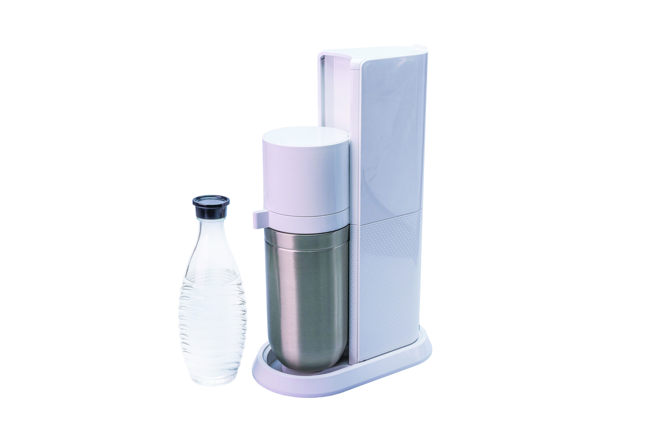 Close up view of soda stream machine and glass bottle with water.